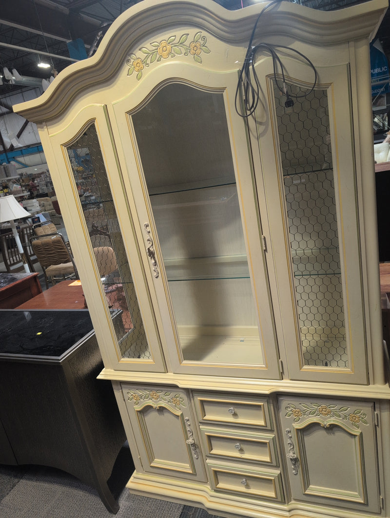 Vintage Wooden Yellow Hutch Buffet with Floral Designs, Windows, and Internal Light