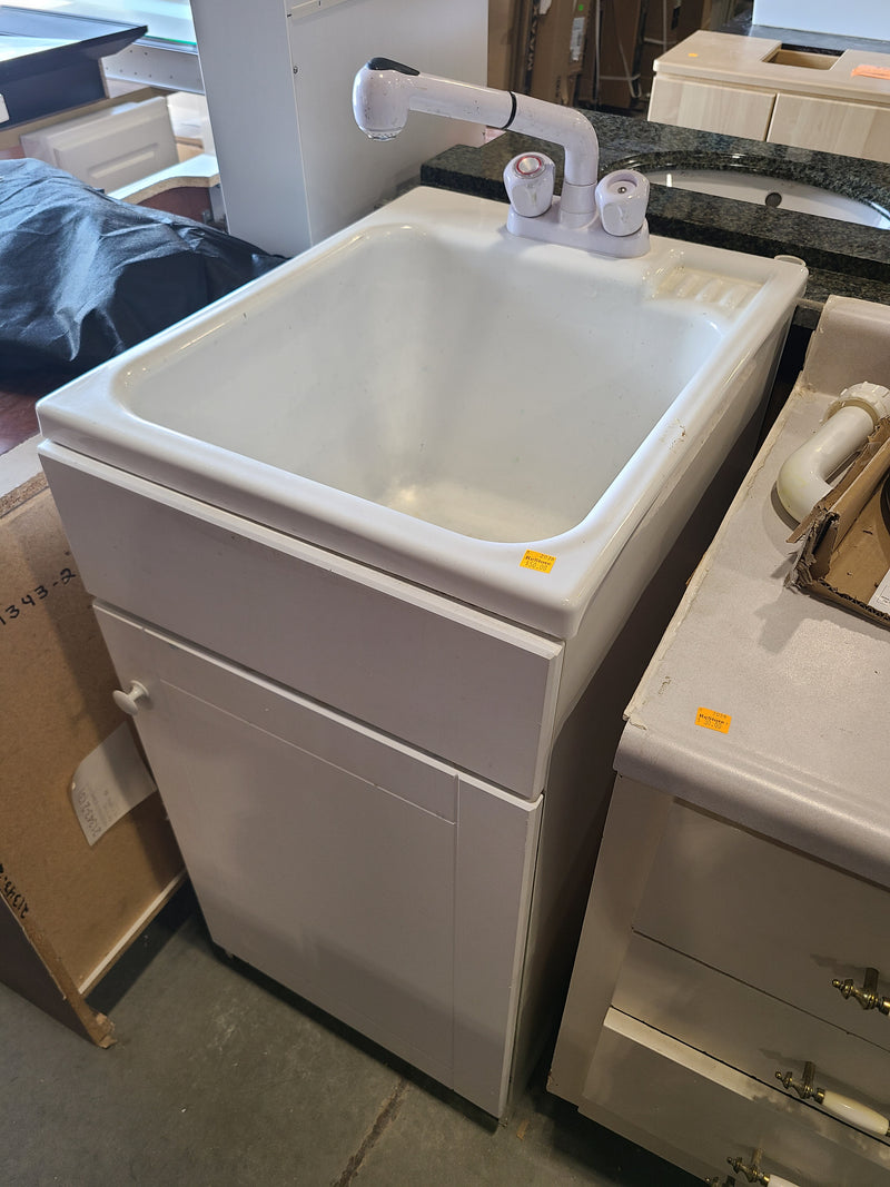 White Utility Sink with Storage Cabinet and Faucet Combo