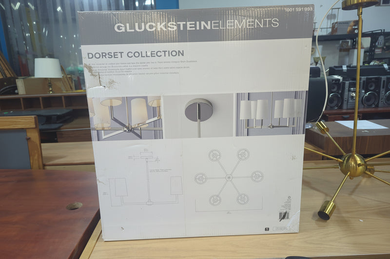 GlucksteinElements Dorset 6-Light Nickel Morden Candle-Style Cylinder Fabric Chandelier Off-White Linen Shade