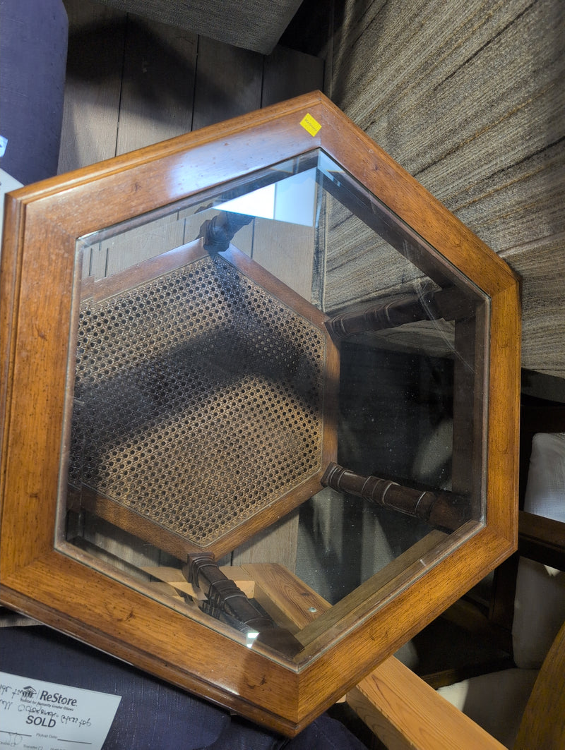 Small Hexagonal Glass Top Side Table with Cane/Rattan Shelf