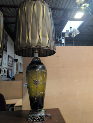 Ornate Table Lamp with Drum Shade and Floral Design