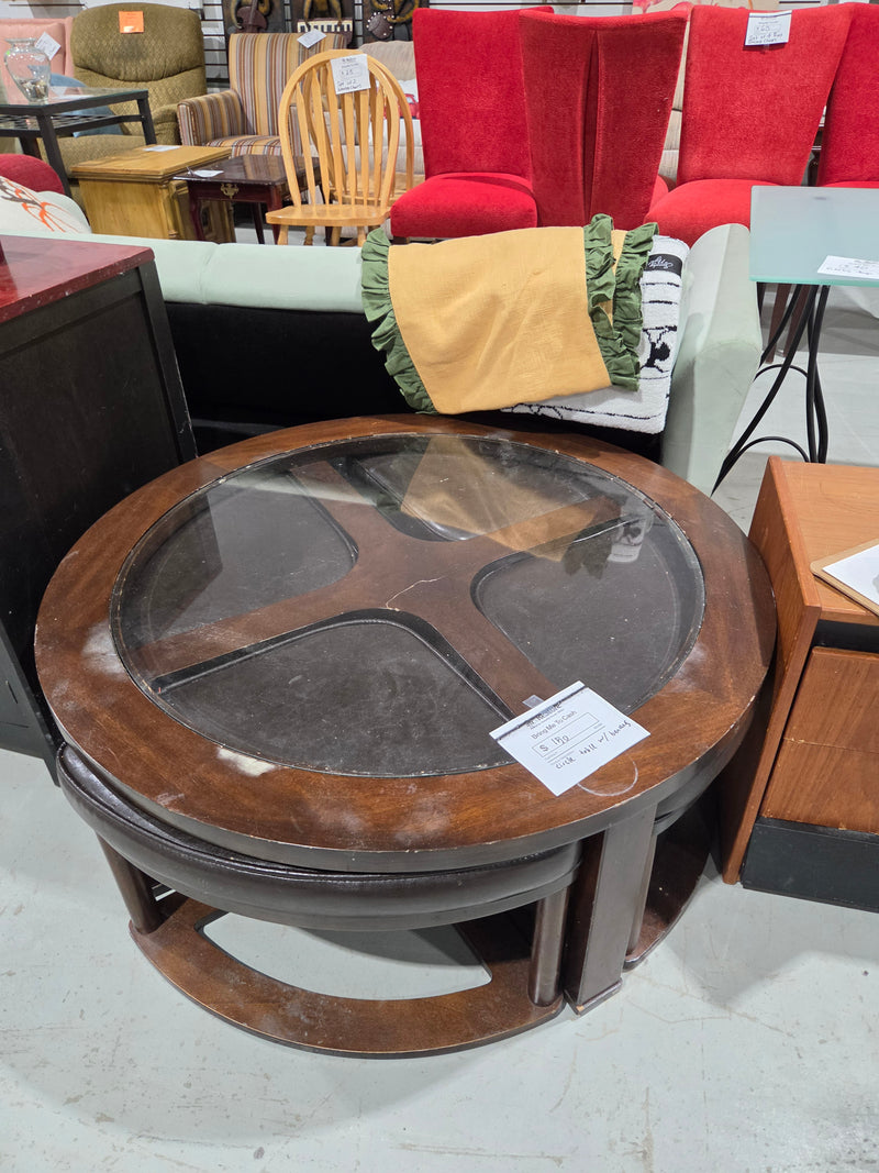 Round Wood Glass-Top Coffee Table with 4 Nesting Ottomans Stools