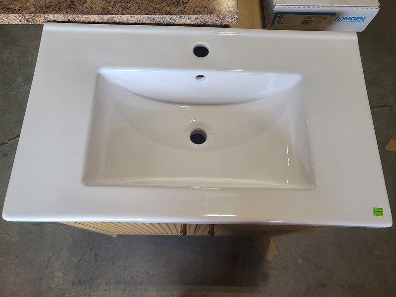 30" Fluted Light Oak Bathroom Vanity with Integrated Ceramic Sink Top