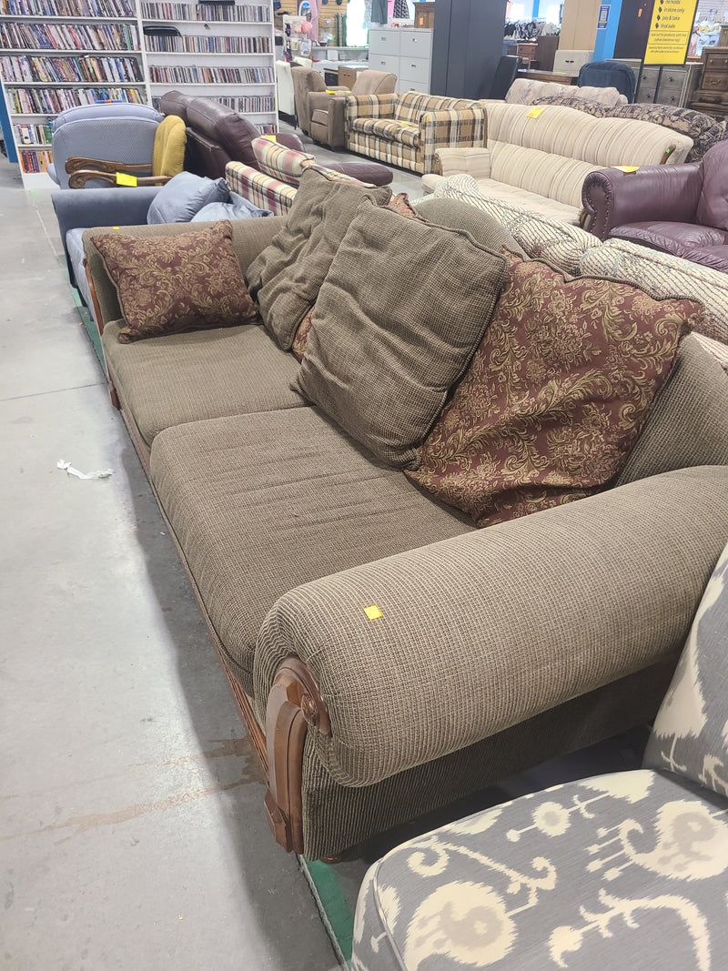 Great Condition Traditional Rolled Arm Sofa with Wood Trim