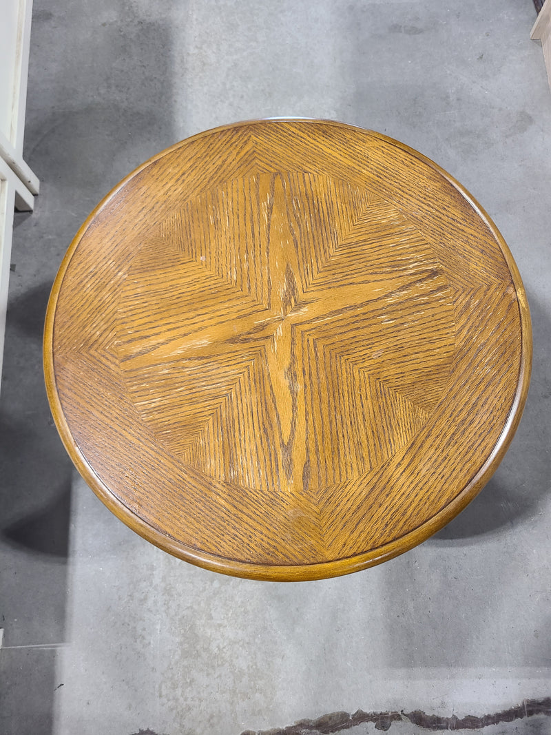 Traditional Round Oak End Table with Parquet Sunburst Top & Lower Shelf