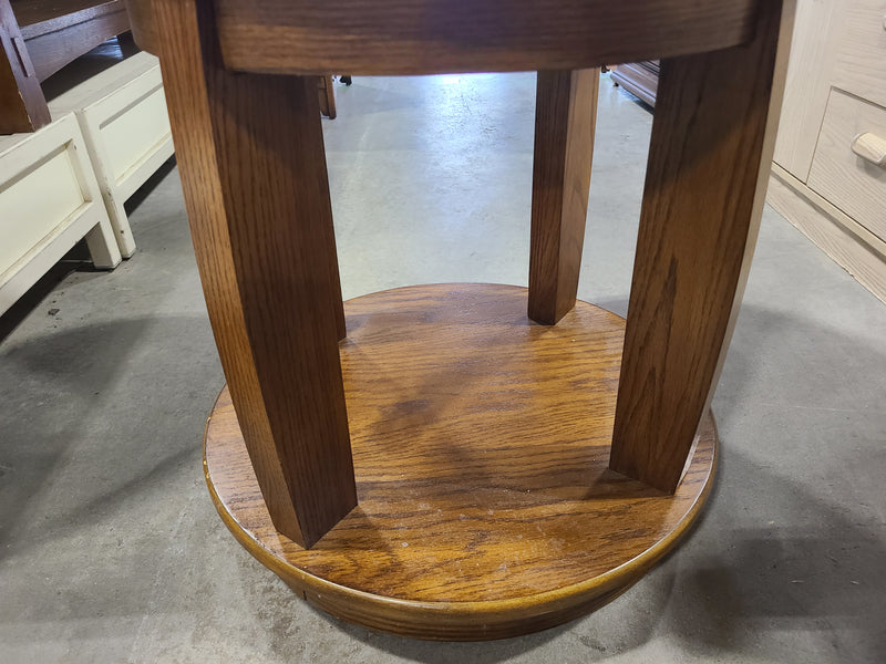 Traditional Round Oak End Table with Parquet Sunburst Top & Lower Shelf