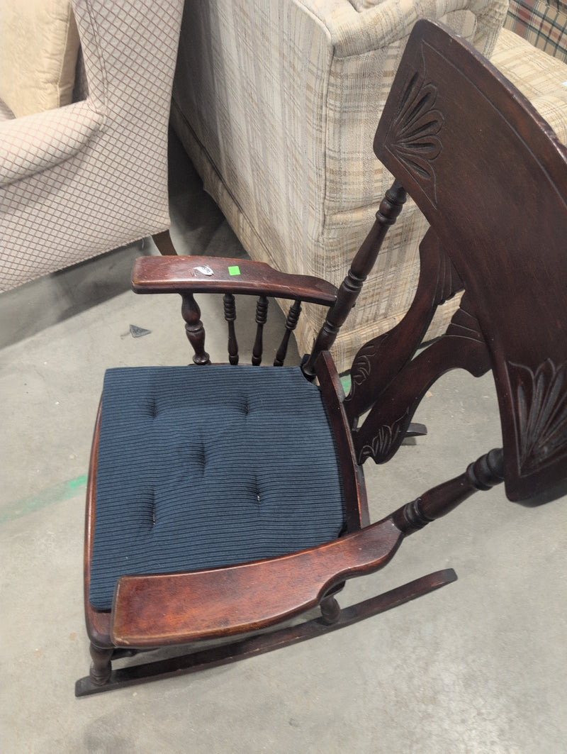 Dark Wood Rocking Chair with Blue Cushion