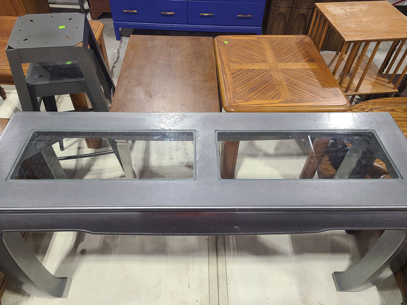 Asian-Inspired Metallic Grey Console Table with Glass Inserts