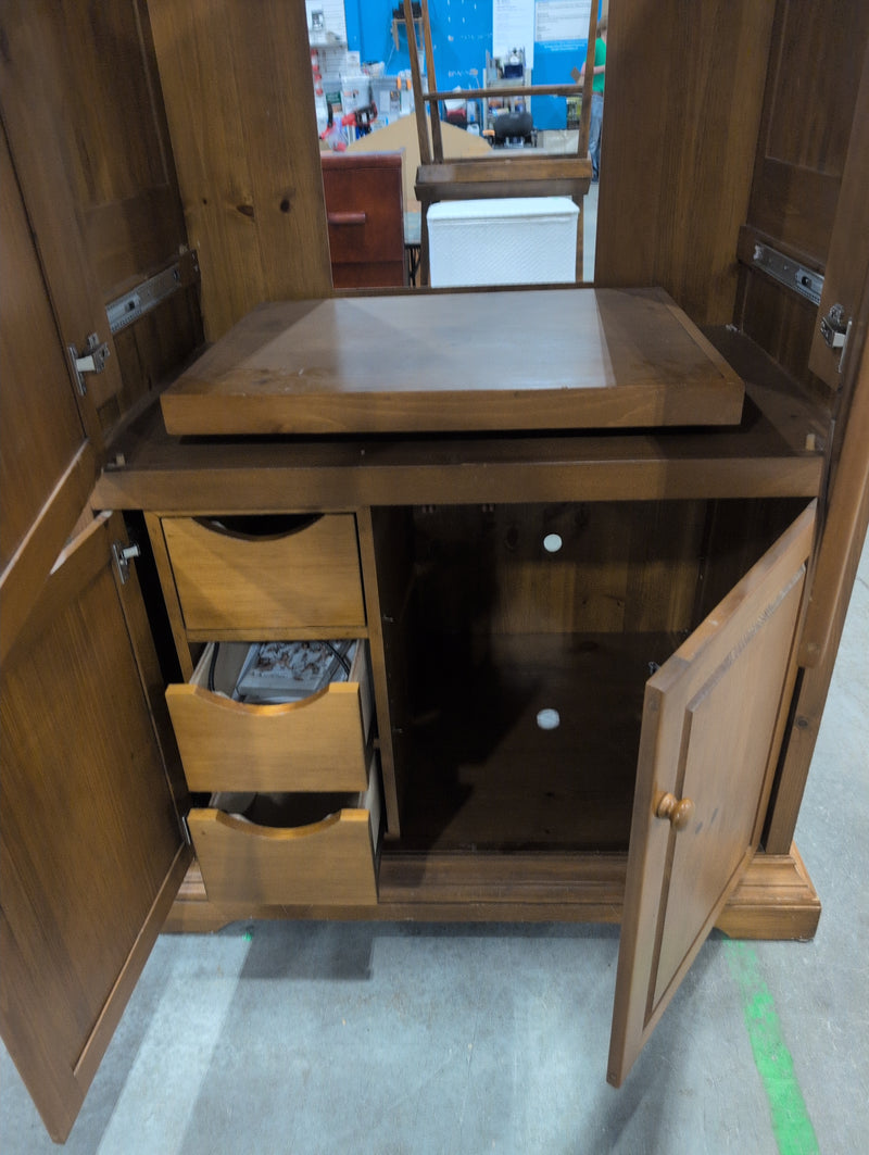 Tall Wooden Media Unit With Ornate Top