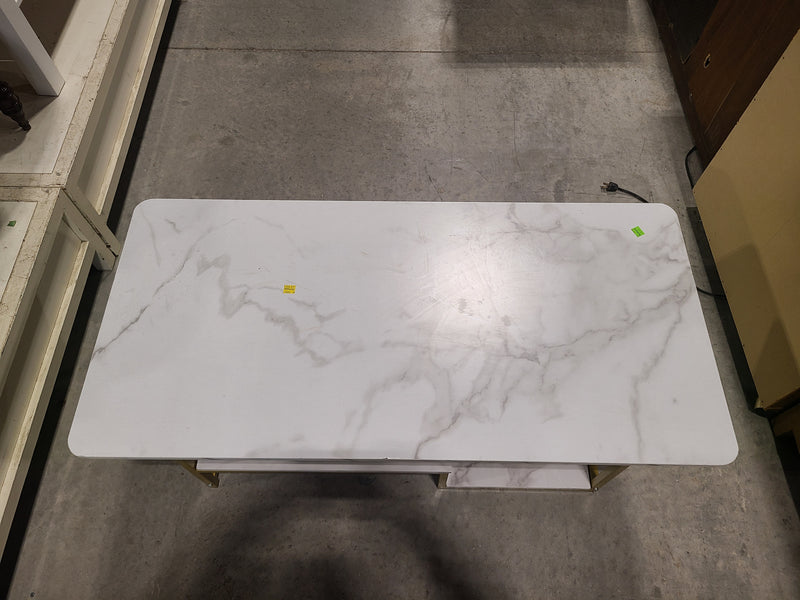 Modern Faux White Marble & Gold Metal Frame Coffee Table with Two-Tier Storage