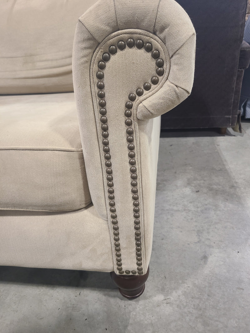 Traditional Beige Fabric Rolled-Arm Sofa with Nailhead Trim