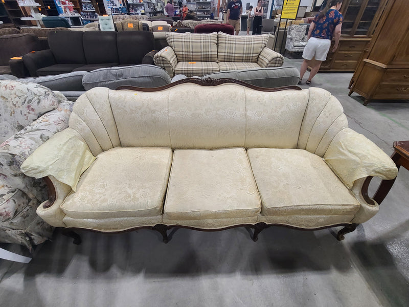 French Provincial Brocade Sofa with Carved Wood Frame