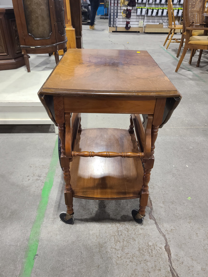 Vintage Drop-Leaf Wood Tea & Bar Cart with Spoke Wheels