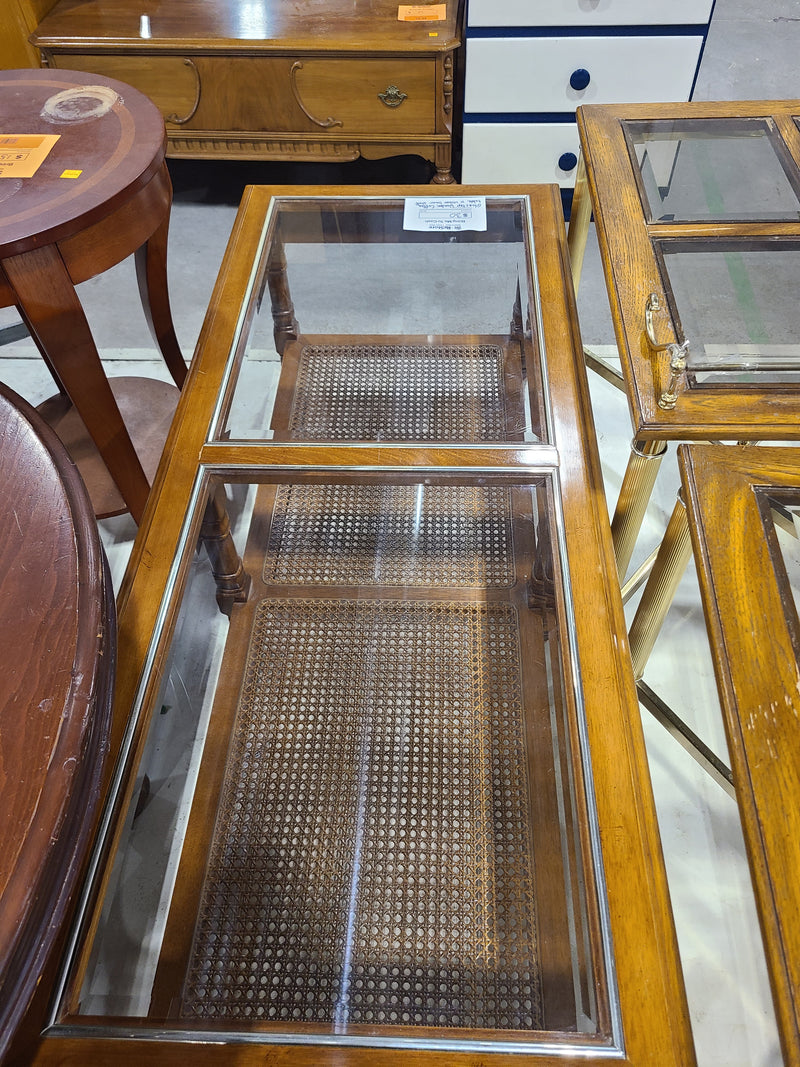 Vintage-Style Wooden Coffee Table with Glass Top and Cane Shelf