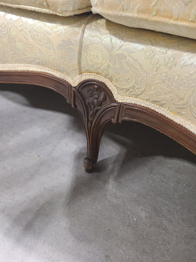 French Provincial Brocade Sofa with Carved Wood Frame