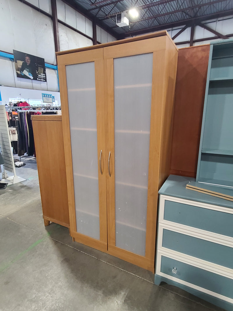 Modern Natural Wood Tall Storage Cabinet with Frosted Glass Doors