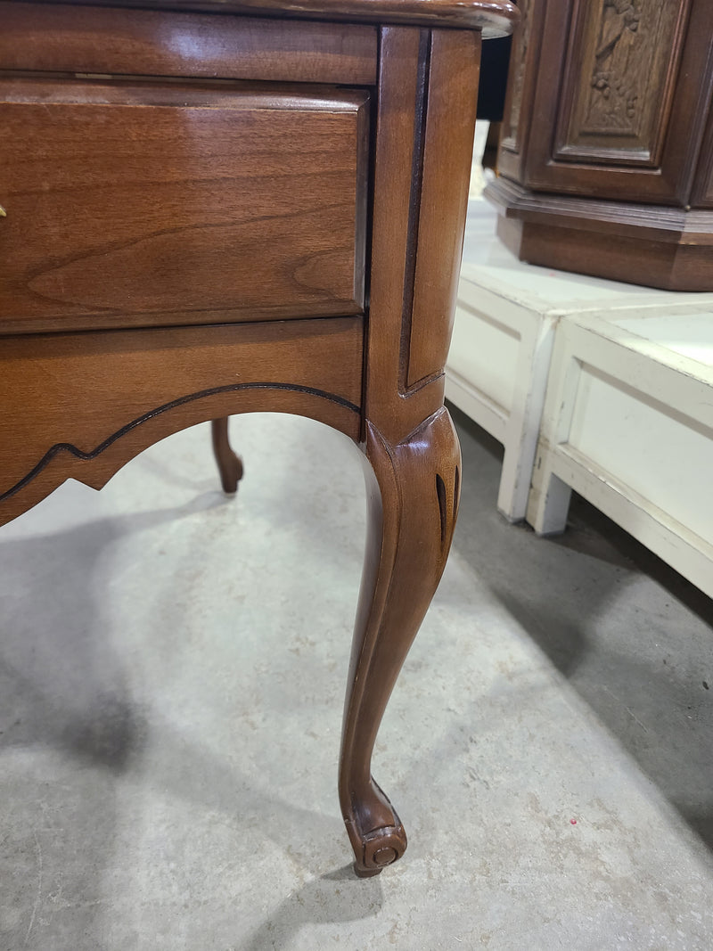Vintage French Provincial Wood End Table with Glass Top & Drawer