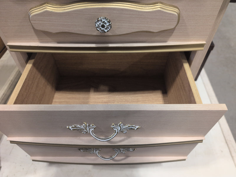 Beige,Gold, and White Nightstand with 2 Drawers and Ornate Details