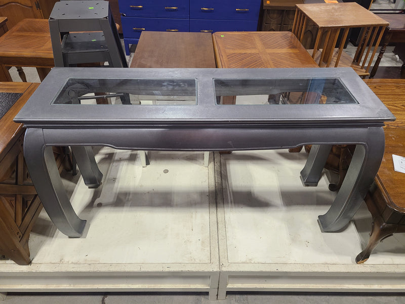 Asian-Inspired Metallic Grey Console Table with Glass Inserts