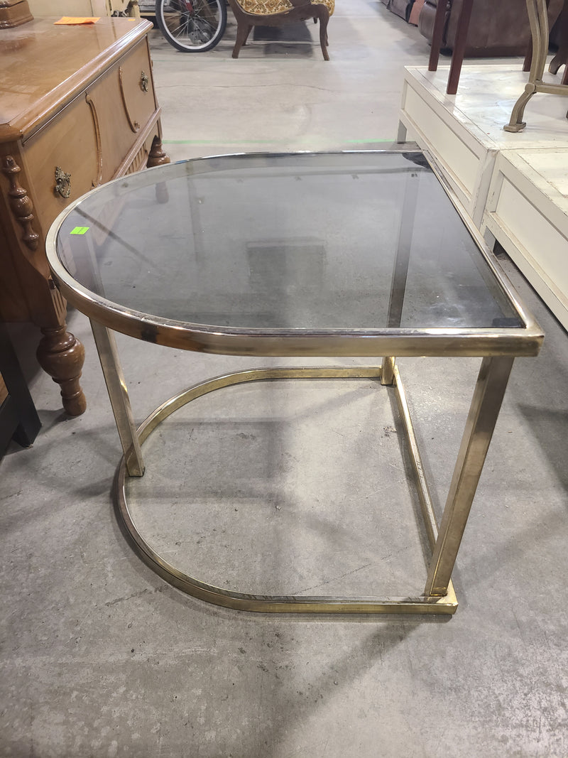 Vintage Hollywood Regency Brass & Smoked Glass D-Shape Side Table