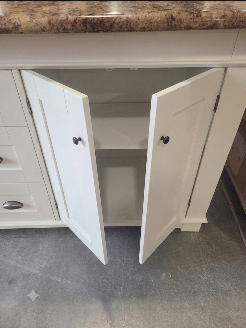 Off-White Bathroom Vanity Cabinet with Laminate Countertop, Round Stainless Steel Sink & Faucet