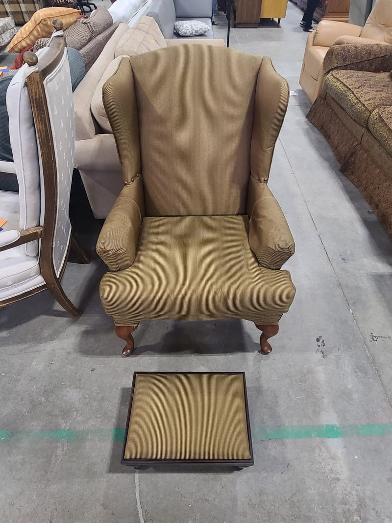 Classic Striped Wingback Armchair with Matching Footstool in Olive/Gold Tones