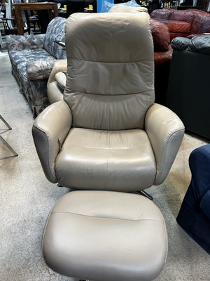Beige Leather Recliner Chair & Ottoman