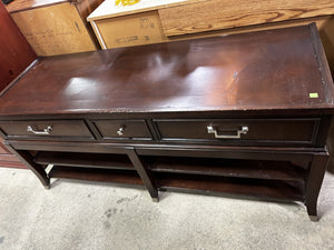 Vintage Dark Wood Console Table with Drawers & Shelves