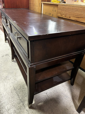 Vintage Dark Wood Console Table with Drawers & Shelves