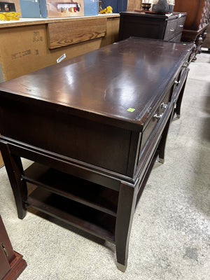 Vintage Dark Wood Console Table with Drawers & Shelves