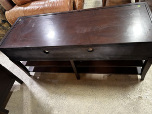 Vintage Dark Wood Console Table with Drawers & Shelves