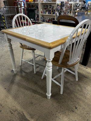 White Grid Surface With Wooden Accents Table