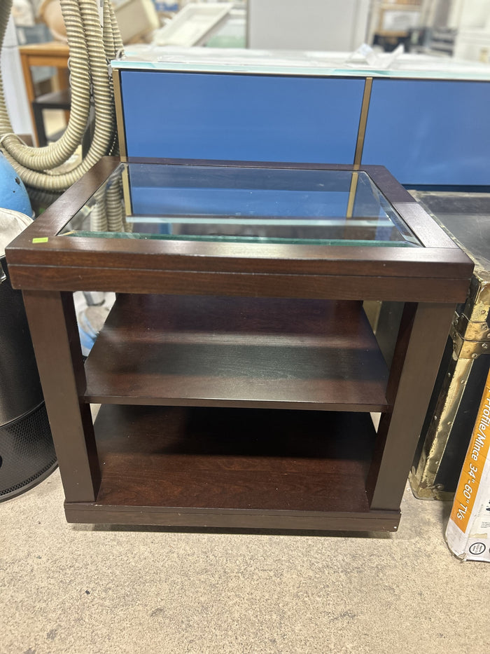 Glass-Top Wood Side Table with Storage Shelves
