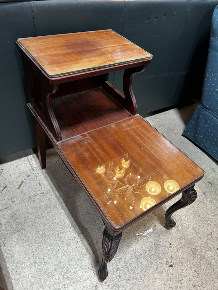 Vintage Two-Tier Wooden Side Table with Glass Tops