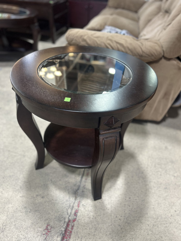 Round Wooden End Table with Glass Top