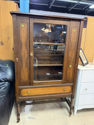 Vintage Glass-Front Display Cabinet with Storage Drawer