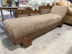Antique Chaise Lounge in Solid Oak with Neutral Upholstery