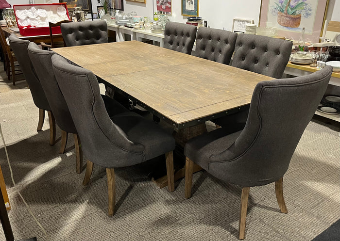 Rustic Dining Table with Leaf Insert and Eight Chairs