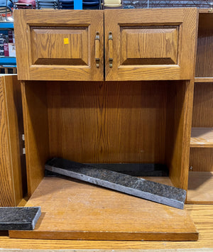 Oak Kitchenette with Vintage Hardware, Corner Shelf Unit, and Microwave Cabinet