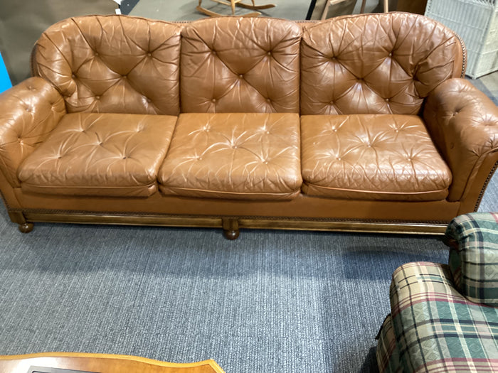 MCM Tan Leather Couch with Wooden Legs