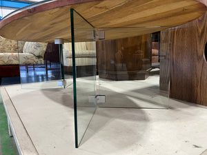 Wooden Table with Elevated Glass Top and Glass Legs