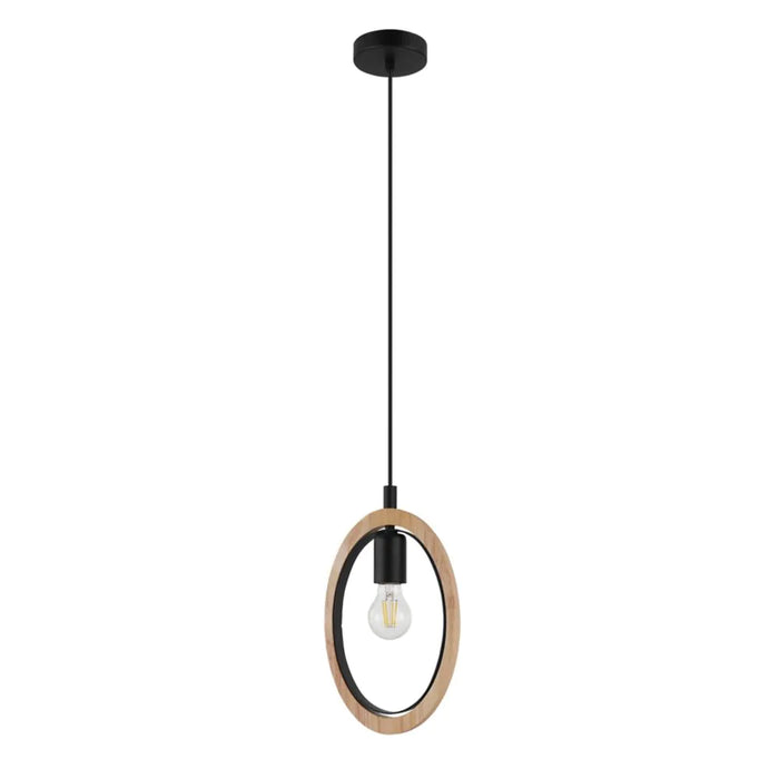 Eglo Basildon Pendant Light, Black Finish with Wood Accent Shade