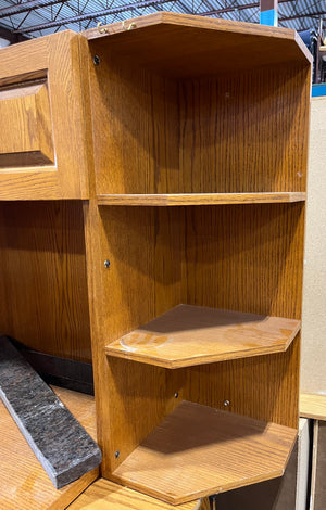 Oak Kitchenette with Vintage Hardware, Corner Shelf Unit, and Microwave Cabinet