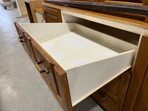 Oak Kitchenette with Vintage Hardware, Corner Shelf Unit, and Microwave Cabinet