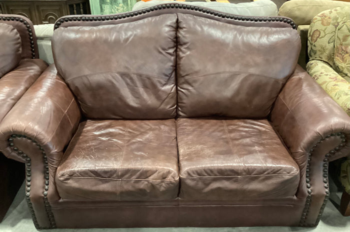 Brown Leather Love Seat w/ Rivets