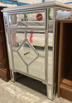 Glass Mirror Nightstand with Drawer and Cabinet