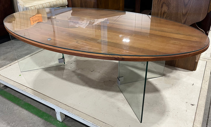 Wooden Table with Elevated Glass Top and Glass Legs