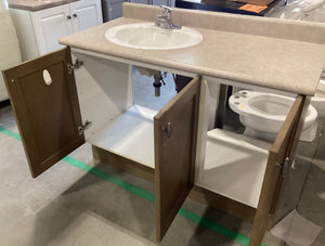 Three Cabinet White and Brown Vanity with Sink and Tap