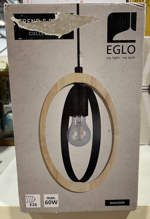 Eglo Basildon Pendant Light, Black Finish with Wood Accent Shade